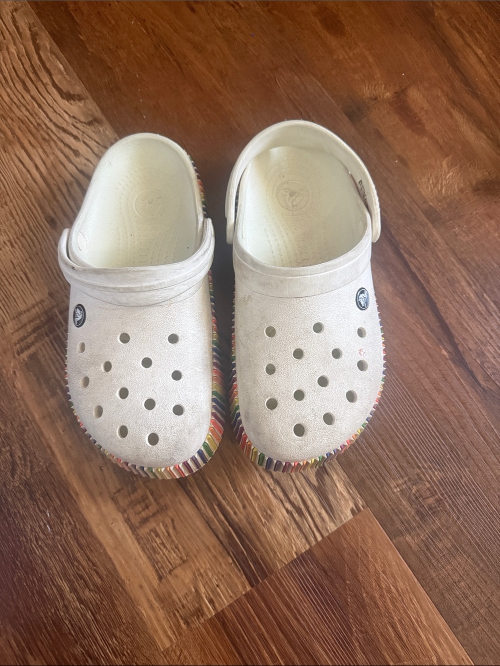 CROCS Cream Clogs with Rainbow Trim
